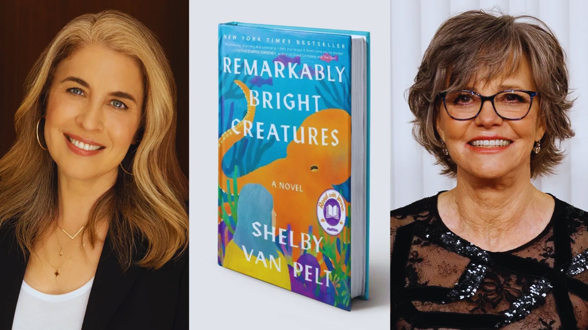 Two women wearing glasses, one with the book "Remarkably Bright Creatures," both featured in the film adaptation launching soon