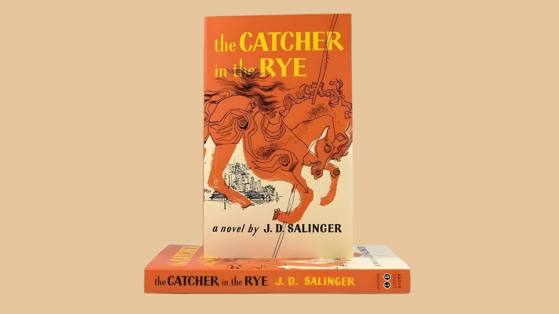 1. Cover of "The Catcher in the Rye" by J.D. Salinger, featuring a red background and a sketch of a boy in a hat.