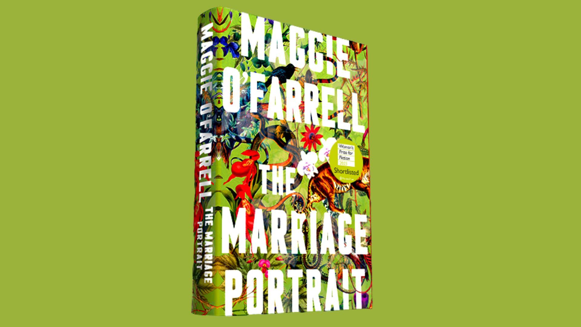 Book cover of "The Marriage Portrait" by Maggie O'Farrell, featuring an artistic depiction of a couple in a historical setting.