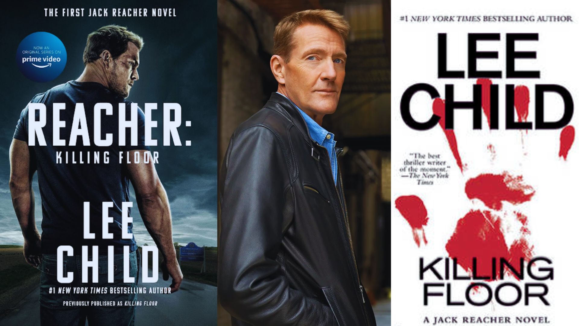Display of Lee Child's "The Killer Floor" book cover with the adaptation poster for "Reacher: Killing Floor"