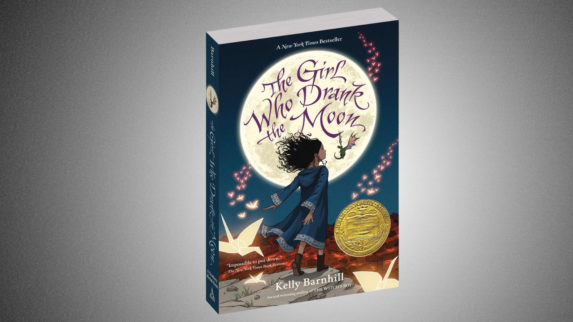 Book cover of "The Girl Who Drank the Moon" by Kelly Barnhill, depicting a girl dancing under a bright, enchanting moon.