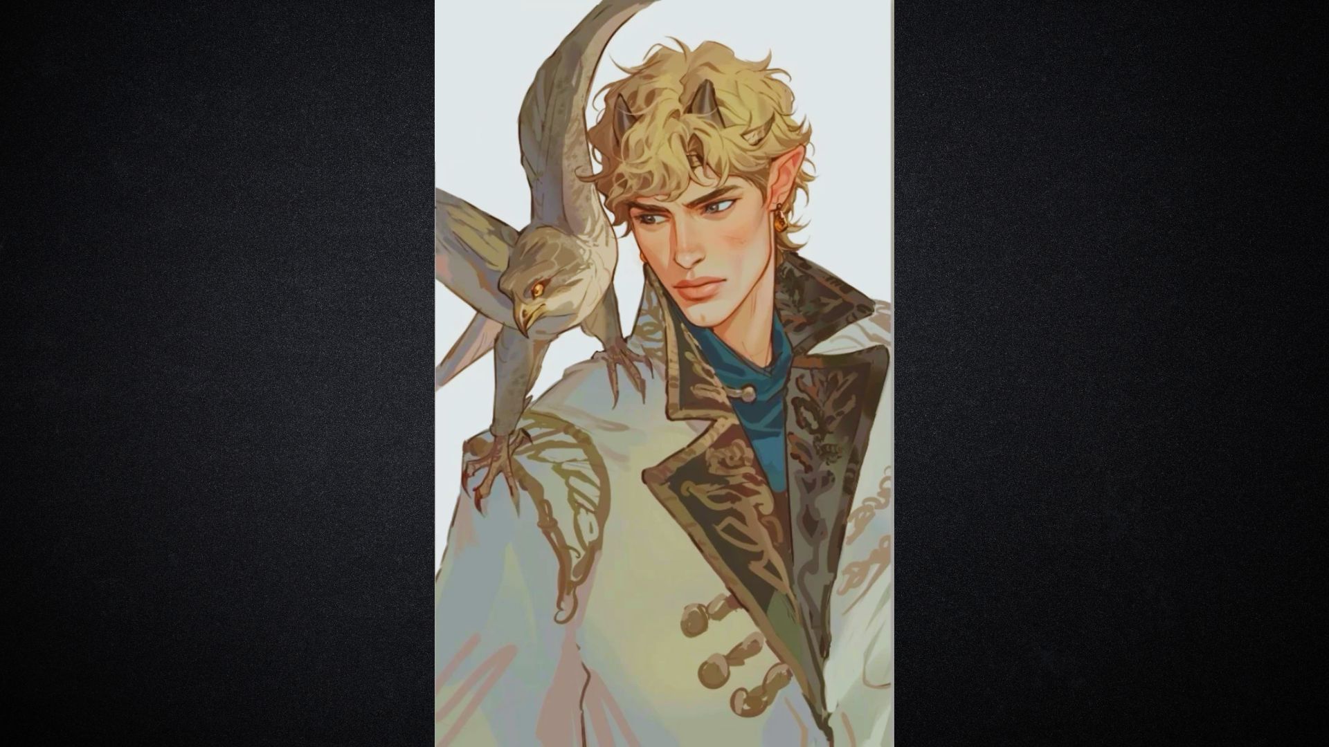 Illustration of a blond elf with pointed ears, wearing a detailed coat, gazing thoughtfully. A hawk is perched on his shoulder, wings slightly spread.
