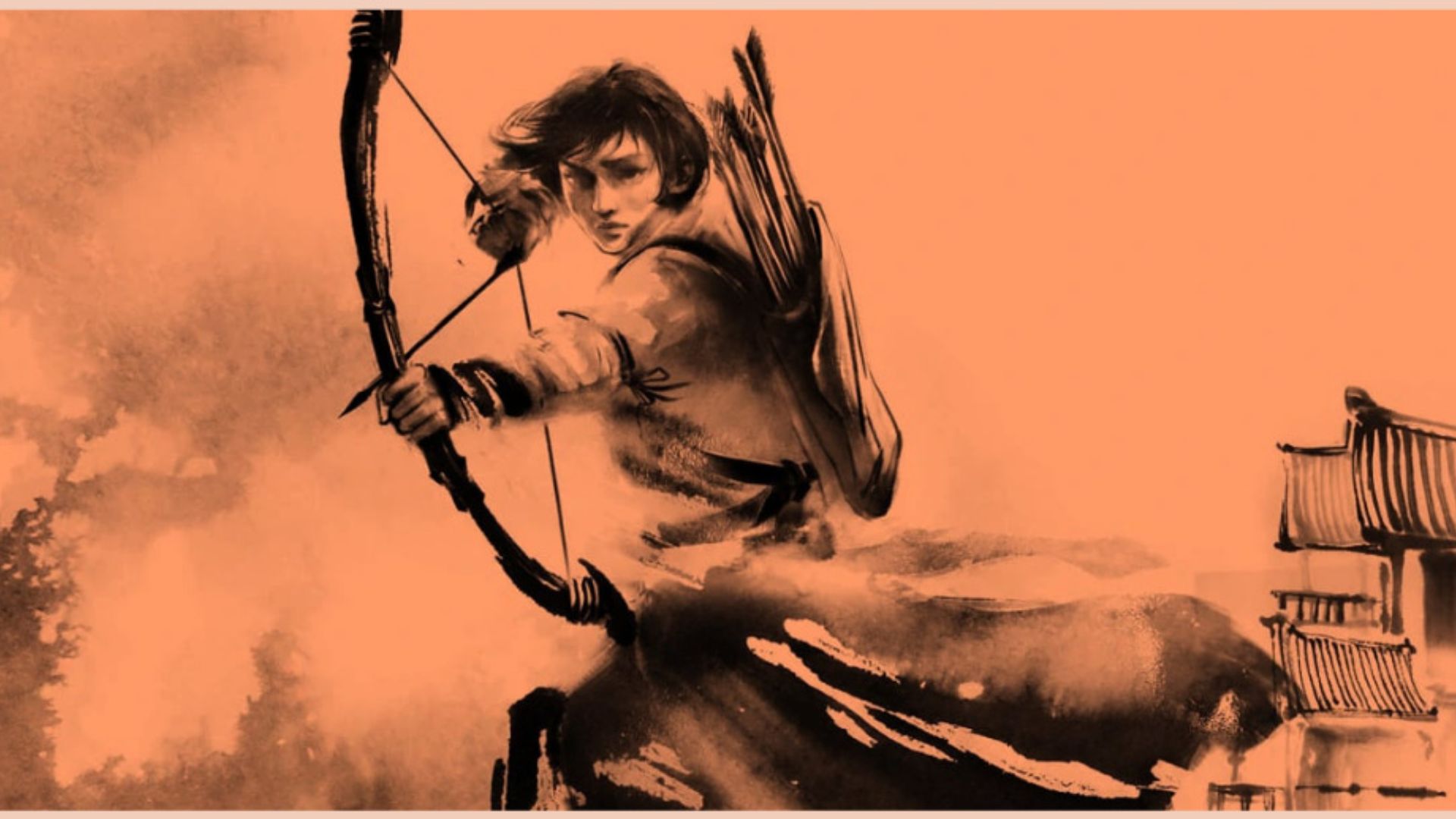 An orange and black painting depicting a man holding a bow, showcasing a dynamic and striking artistic style.