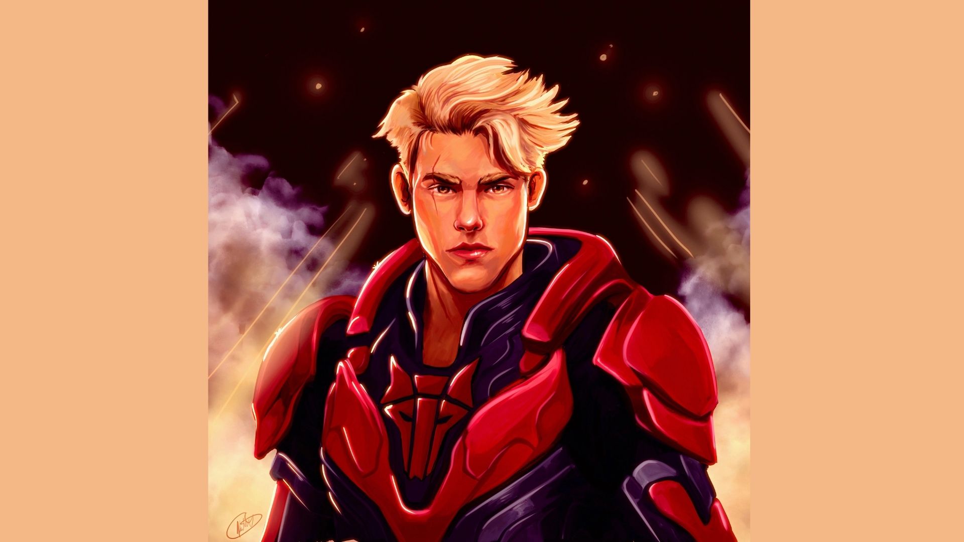 A man wearing a striking red and black suit stands confidently, showcasing a bold fashion choice.