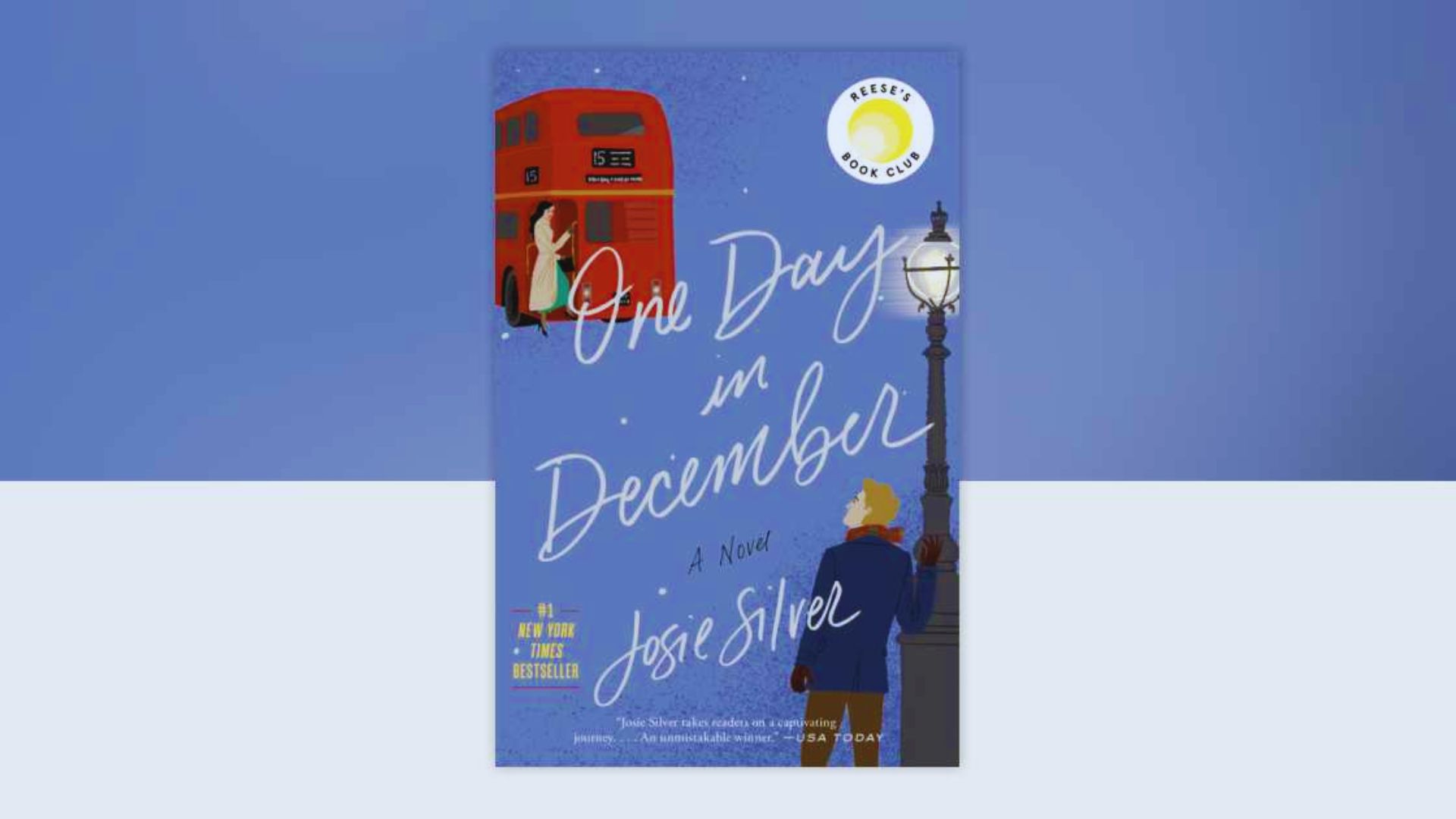Book cover of "One Day in December," featuring a snowy street scene with a couple gazing at each other through a bus window.