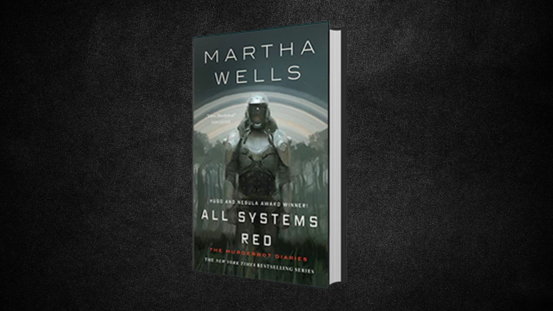 Cover of "All Systems Red" by Martha Wells, featuring a robot in a futuristic setting with a dark, moody background.