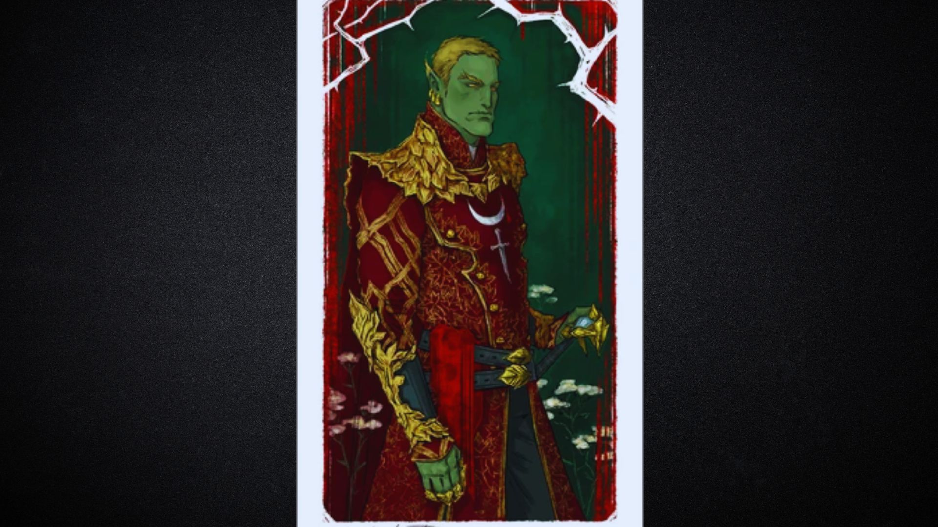 A green-skinned figure in ornate red armor with gold details stands in a regal pose against a dark green background. The mood is mystical and authoritative.