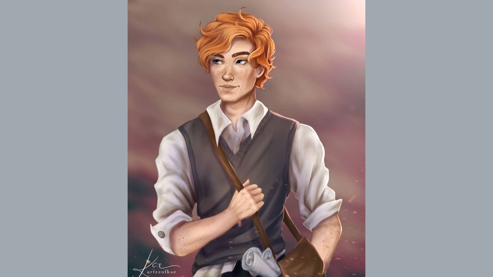 Illustration of a confident young person with curly red hair, wearing a white shirt, vest, and satchel. Background has a warm, hazy sunset.