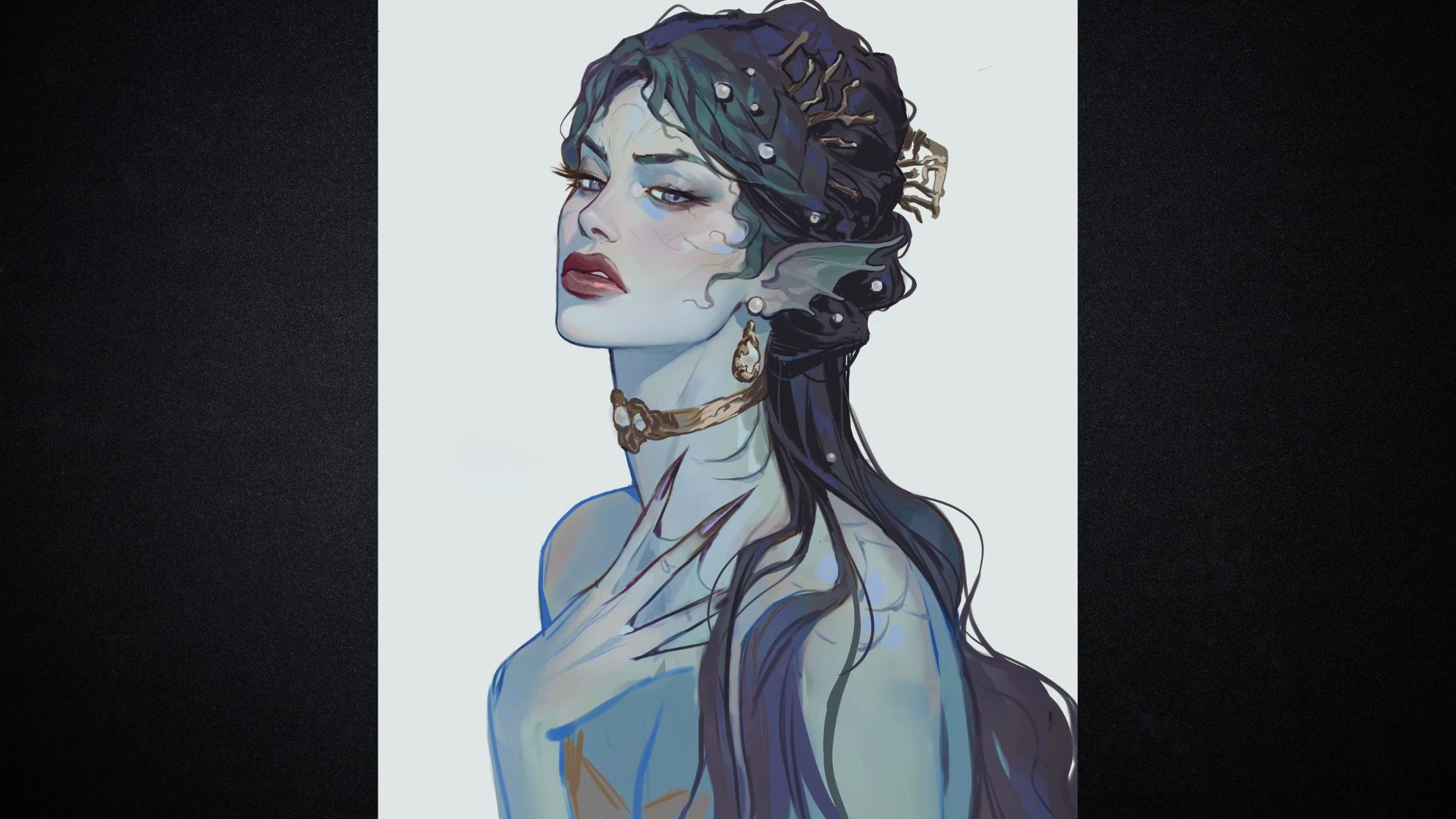 Illustration of a mystical woman with blue skin, pointed ears, elaborate hairpiece, and jewelry. She gazes confidently to the side, exuding elegance.