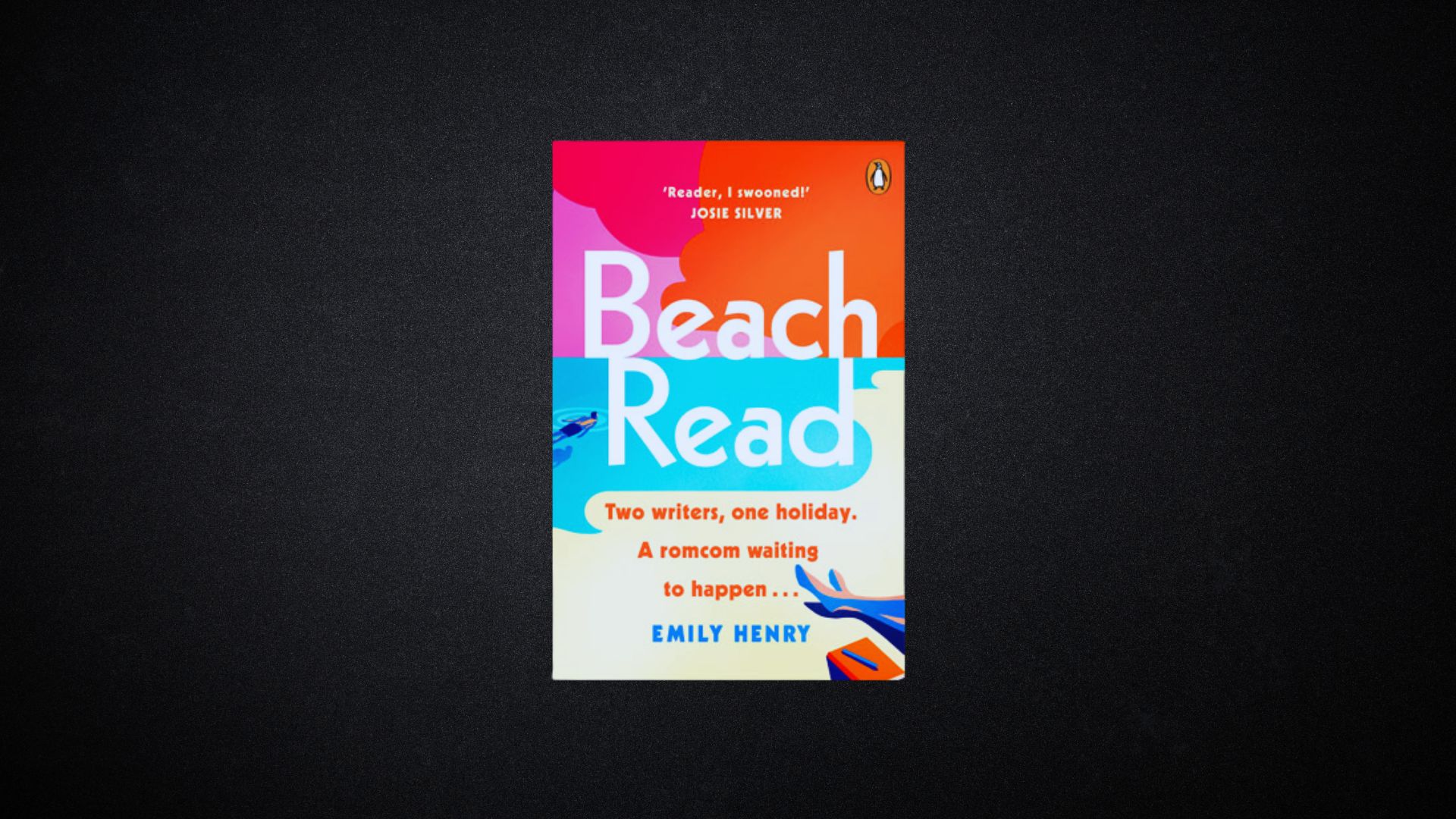 The image shows the cover of "Beach Read" by Emily Henry. It features bold, colorful sections with abstract waves, palm trees, and a beach theme. Minimalist text layout conveys a lively and romantic tone.