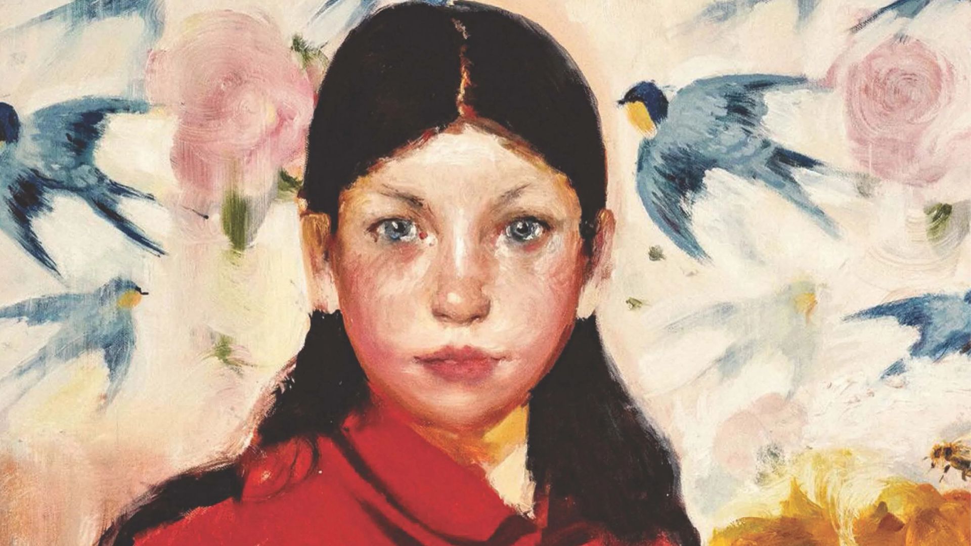 A painting of a young girl with colorful birds perched on her head, surrounded by a vibrant, nature-inspired background.