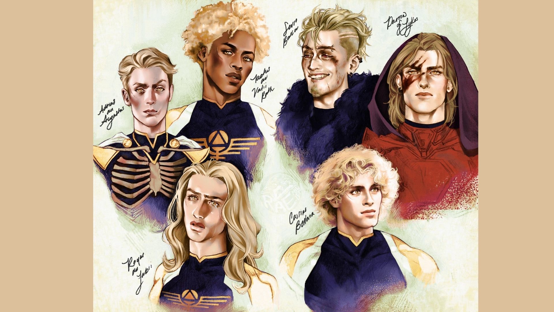 A painting depicting four characters, each with distinct features and expressions, set against a colorful background.
