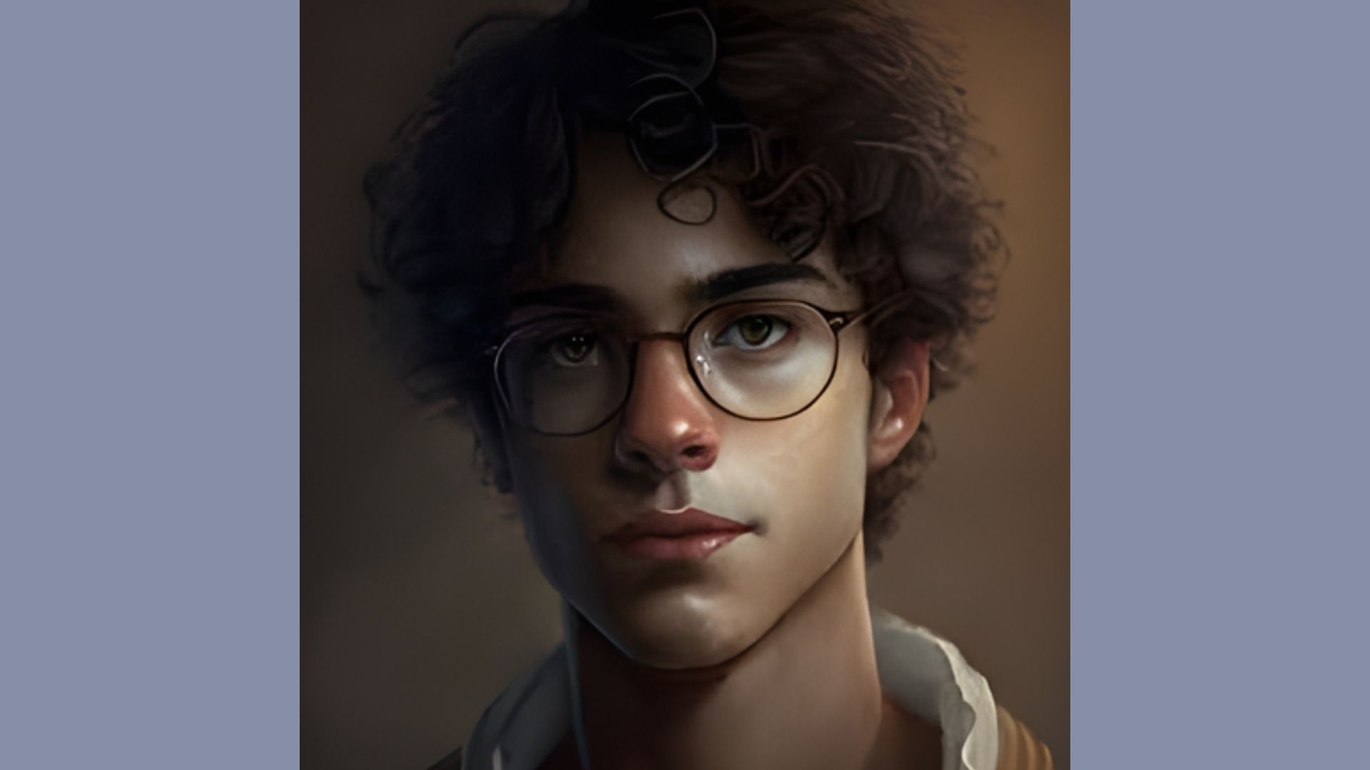A digital painting of a young man wearing glasses, with a thoughtful expression and a colorful abstract background.