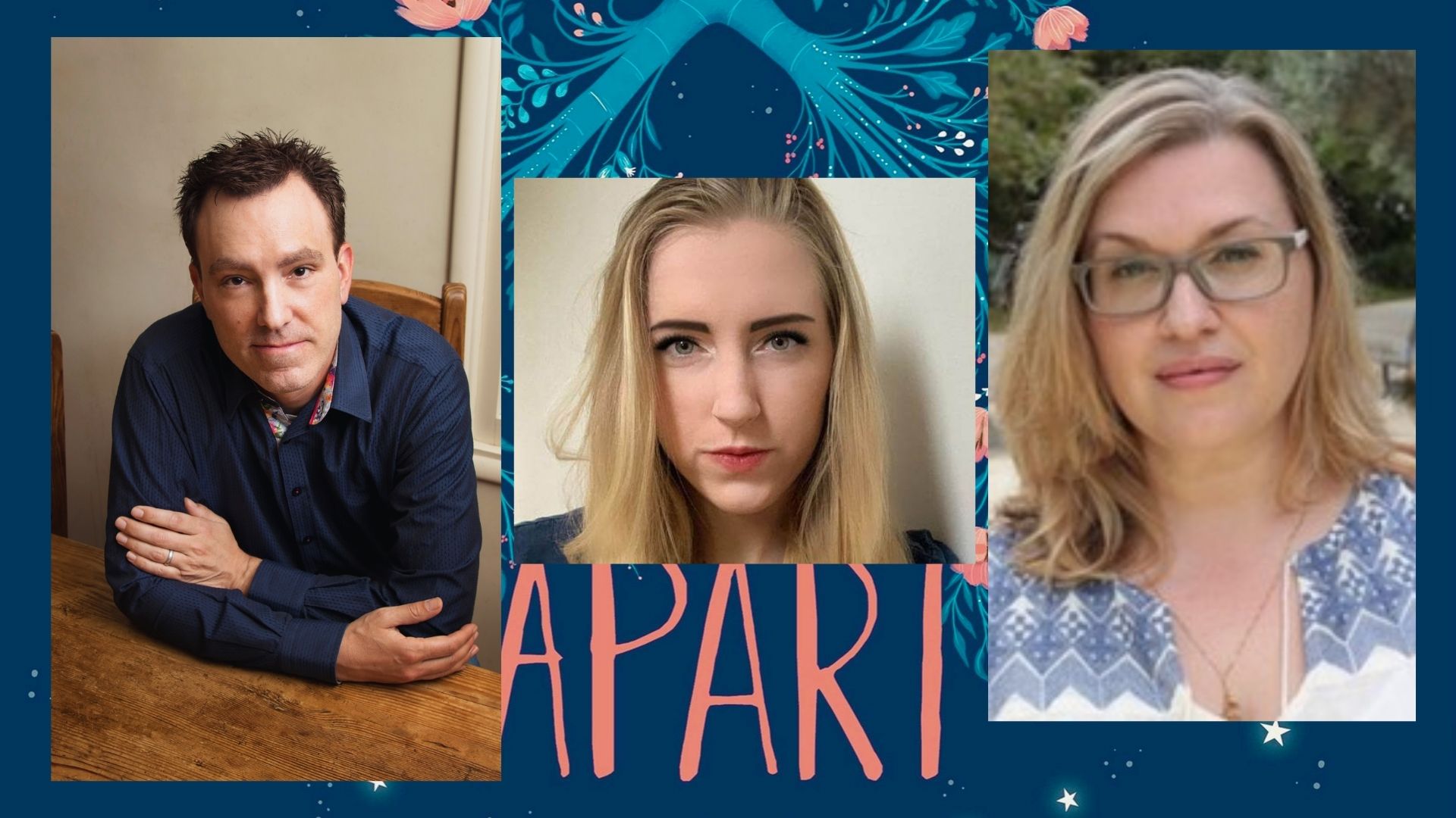 Three people stand together in a photo with the word "apart" prominently displayed.