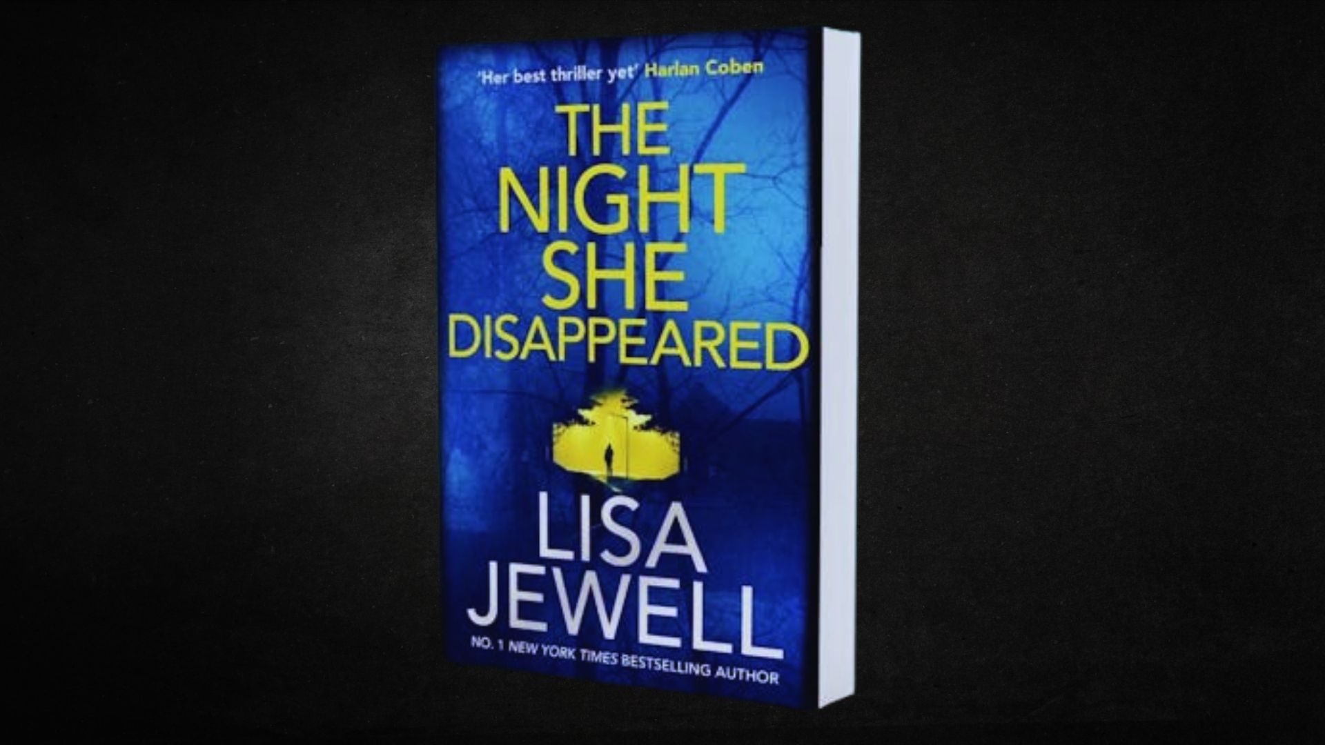 Book cover of "The Night She Disappeared" by Lisa Jewell, featuring a dark, mysterious background with a silhouette.