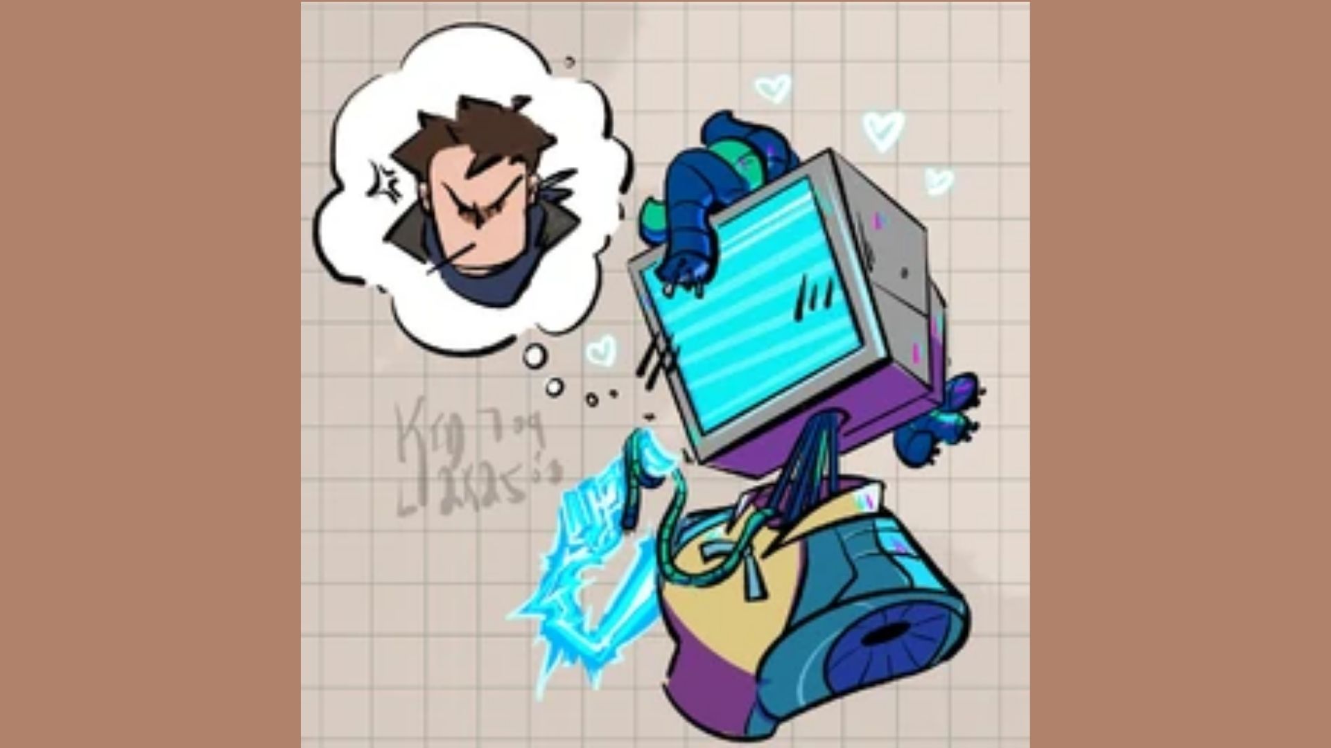 A cartoon computer leans over a backpack, holding a glowing blue object with a robotic hand. It daydreams of a stern-faced figure. Hearts float around it.