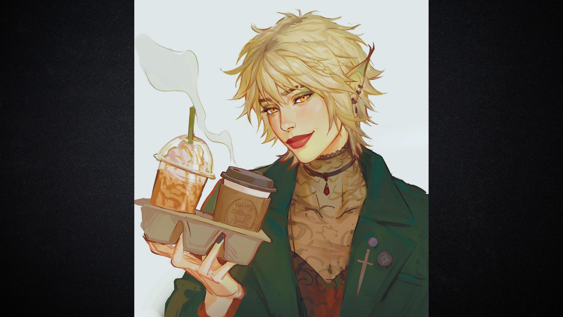An elf with short blond hair and pointed ears holds two steaming coffee cups in a tray. They wear a green jacket with a warm, inviting smile.