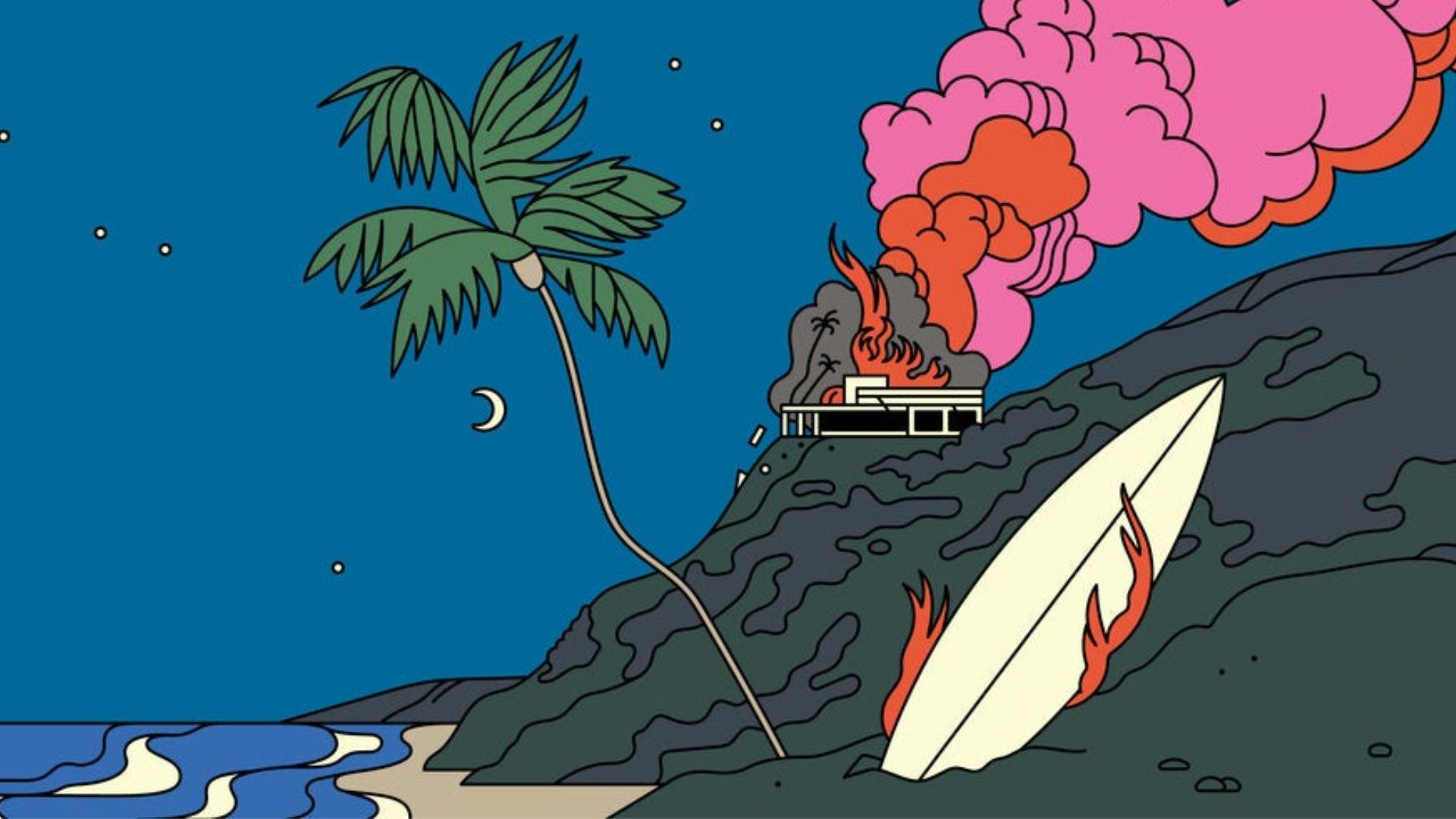 Cartoon of a surfboard on the beach with a house in the background under a clear blue sky.