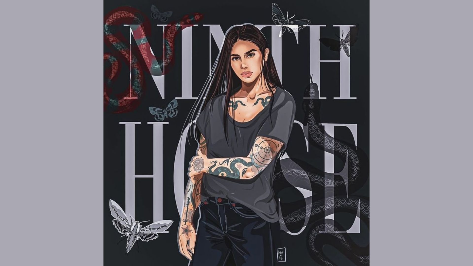 Cover of "Ninth House" by Jessica Hart, featuring a dark, atmospheric design with mystical elements and bold typography.
