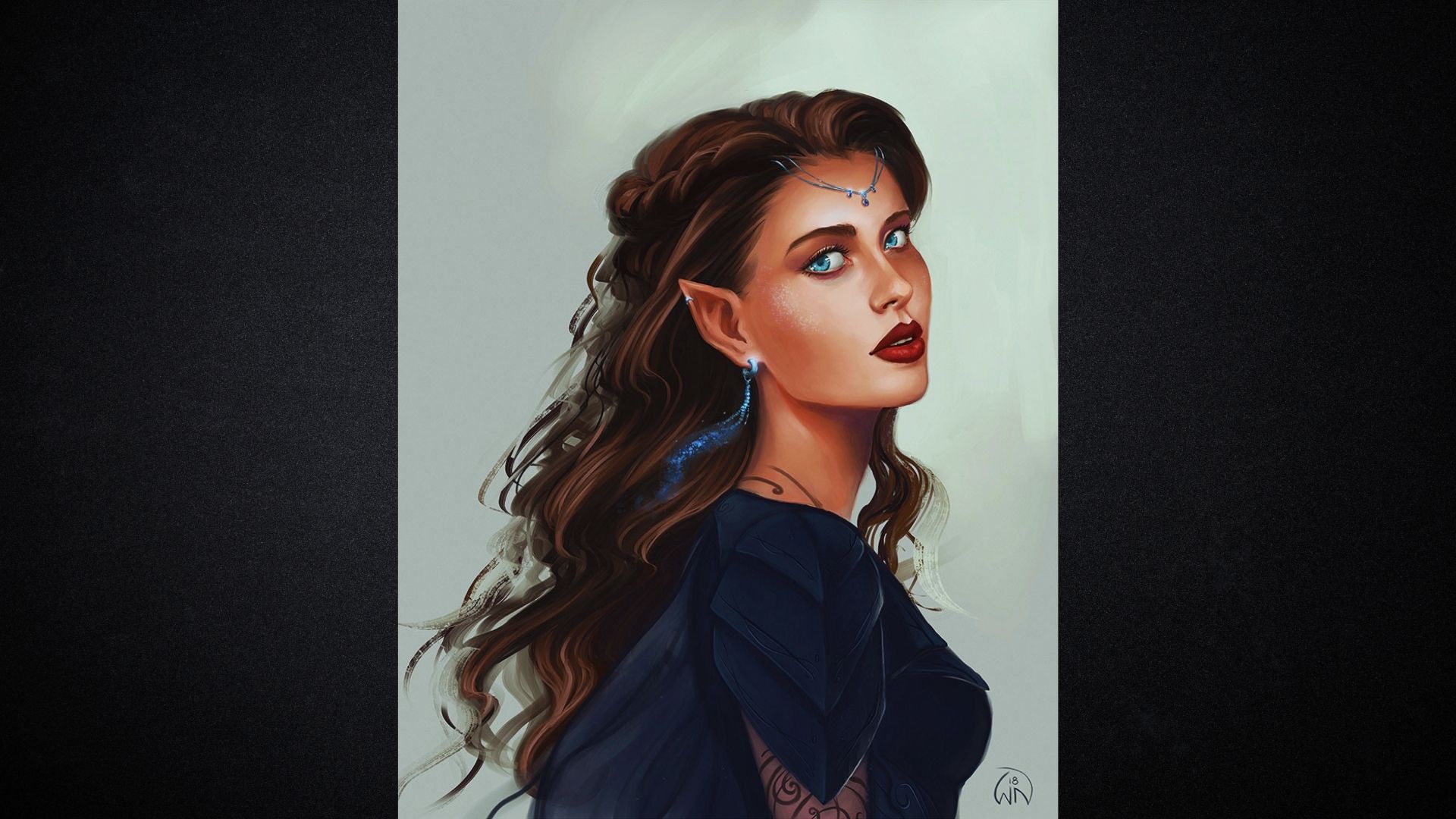 A painting depicting a woman with long hair, showcasing her serene expression and elegant posture.