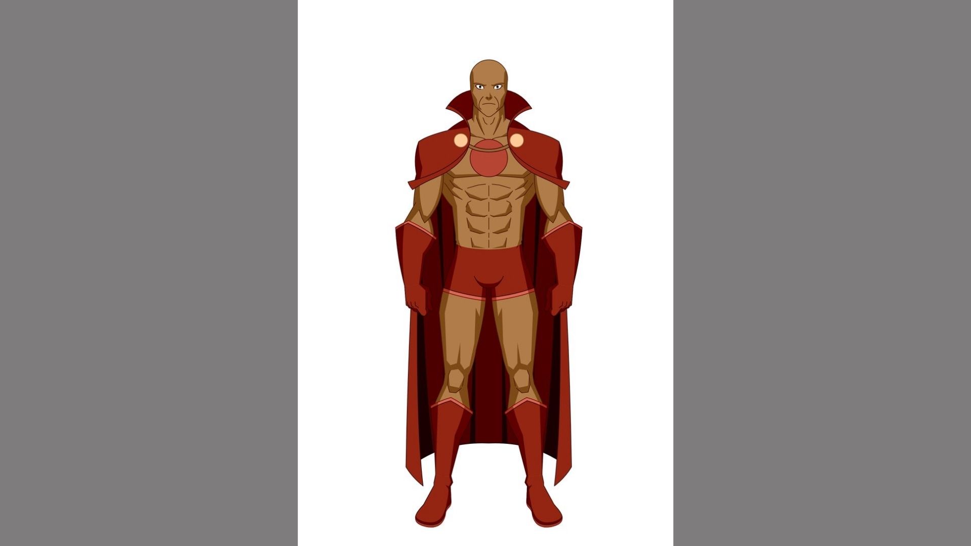 A cartoon character in a red shirt and cape, confidently standing with hands on hips, exuding a sense of bravery.