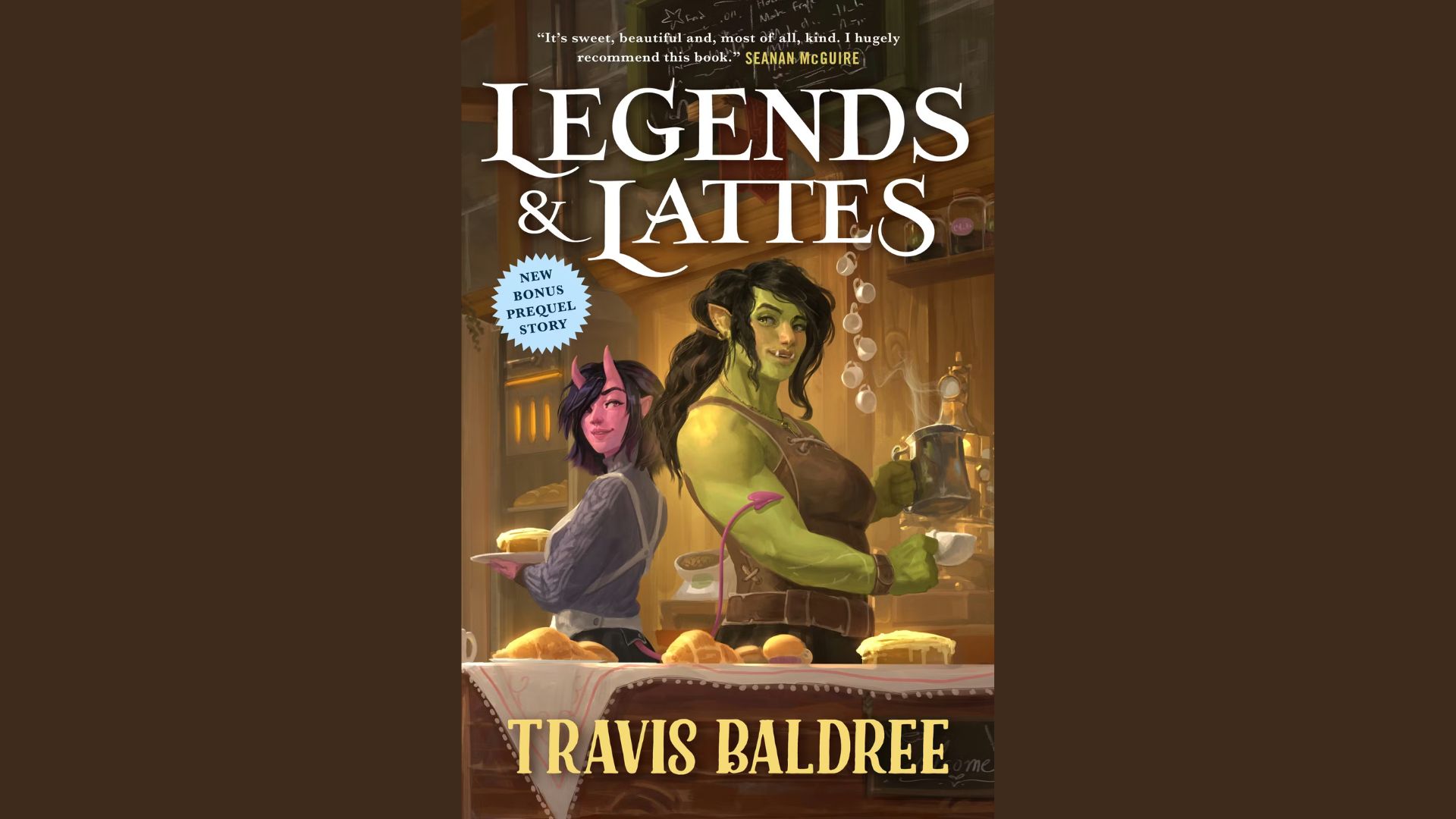 Audiobook cover art for "Legends and Latte," featuring a cozy coffee shop scene with whimsical elements.