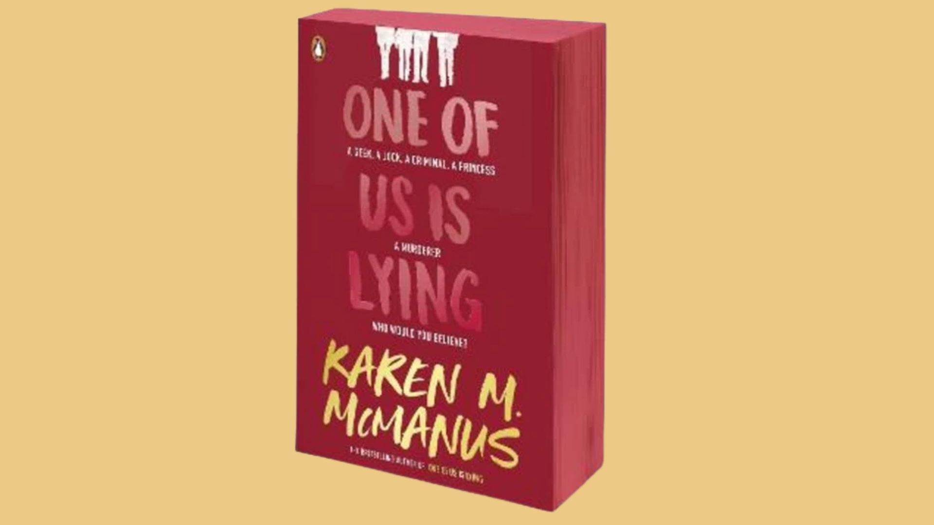 Cover of "One of Us Is Lying" by Karen M. McManus, featuring a mysterious group of teens in a school setting.