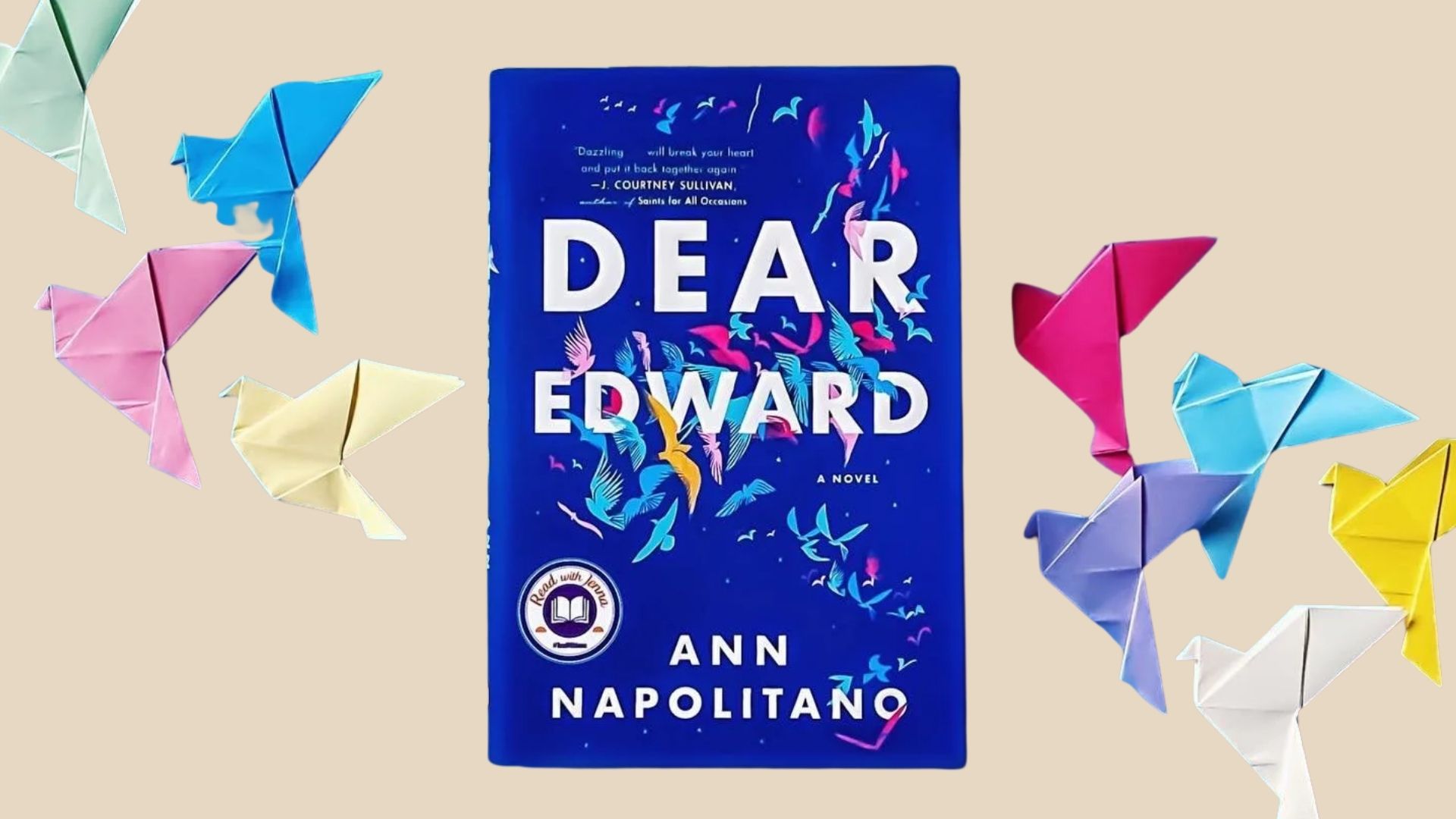 A book titled "Dear Edward" surrounded by colorful origami birds, symbolizing hope and creativity.
