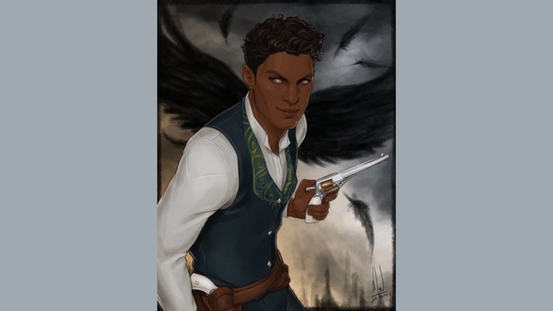 Illustration of a person with dark angelic wings, holding a gun. They wear a white shirt and dark vest, exuding confidence against a stormy sky.