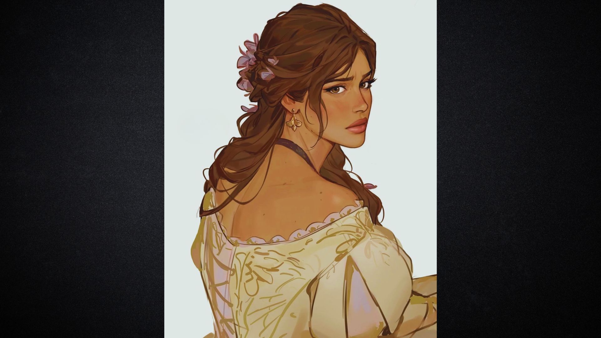 Illustration of a thoughtful woman with long brown hair adorned with pink flowers, wearing an off-the-shoulder floral dress, conveying a serene, reflective mood.
