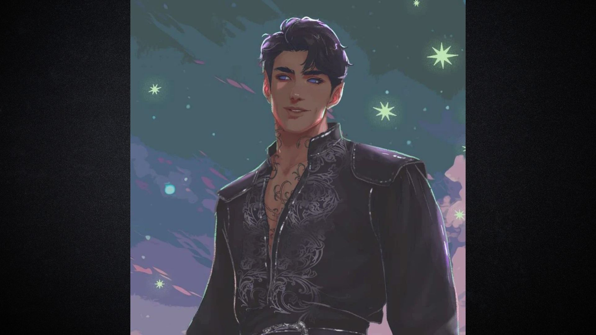 A painting depicting a man wearing a black shirt, showcasing his thoughtful expression and relaxed posture.