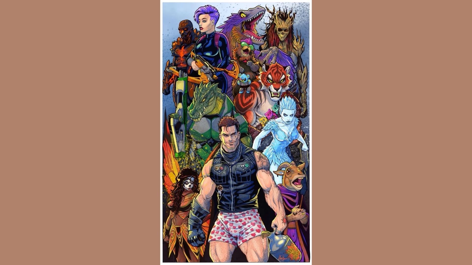 A colorful illustration features a diverse group of fantasy characters, including humanoids, animals, and mythical creatures, all posed dynamically, conveying action and unity.