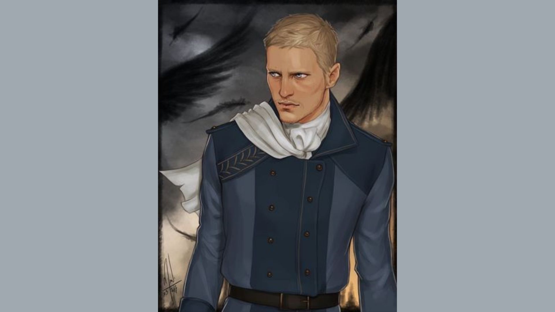 Illustration of a stern blonde man in a blue military-style coat and white scarf. Dark wings in the background suggest a mysterious, intense atmosphere.