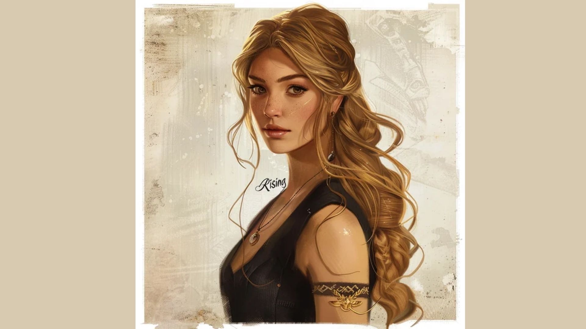 A painting depicting a woman with long hair, showcasing her serene expression and elegant posture.