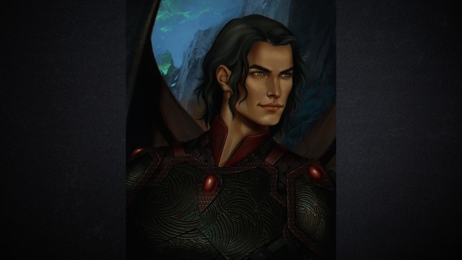 A male character with dark hair and dark eyes, exuding a mysterious and intense presence.