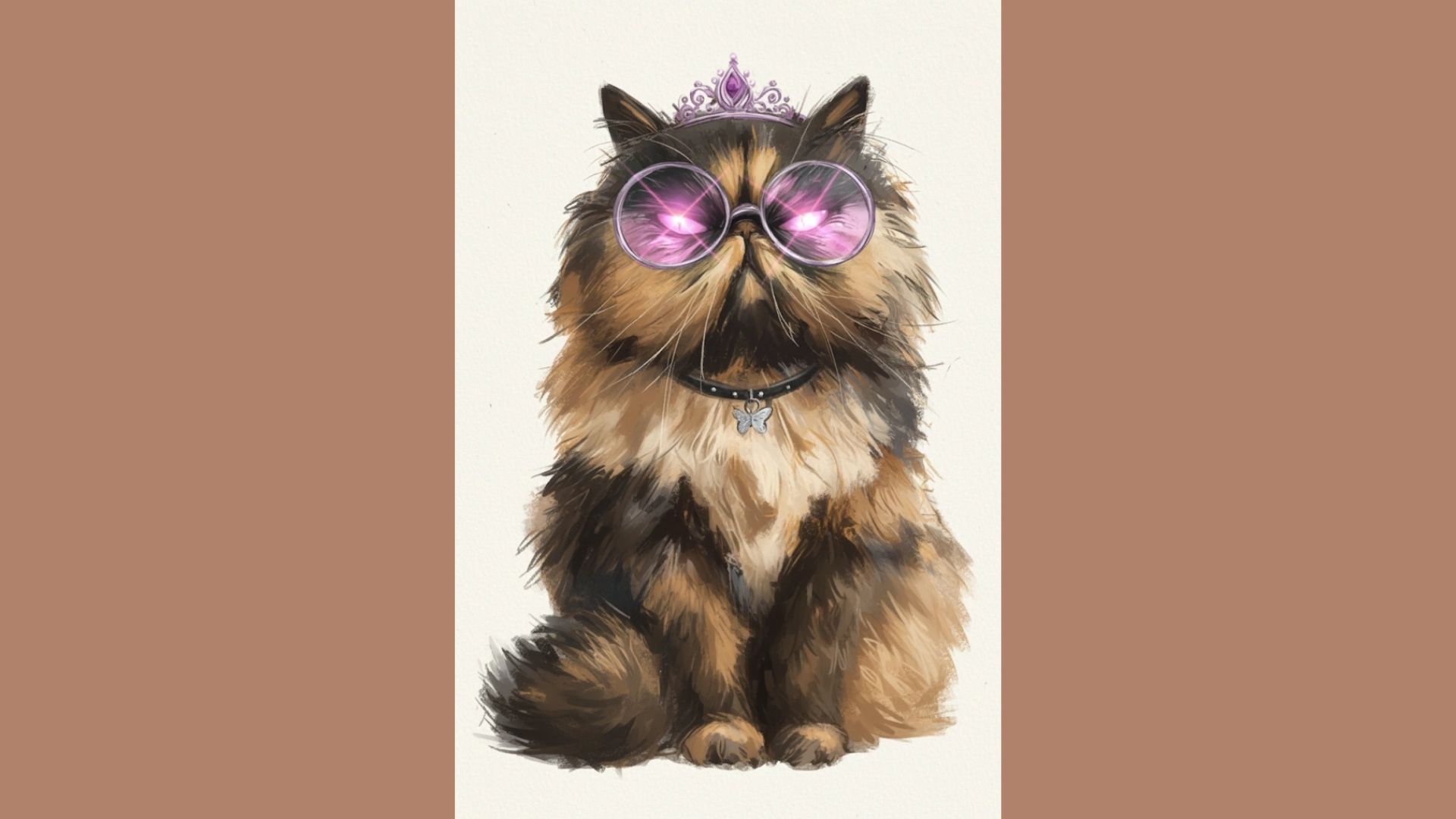 A fluffy cat wearing a small crown and oversized pink sunglasses sits with a regal posture. The image conveys a whimsical and stylish tone.