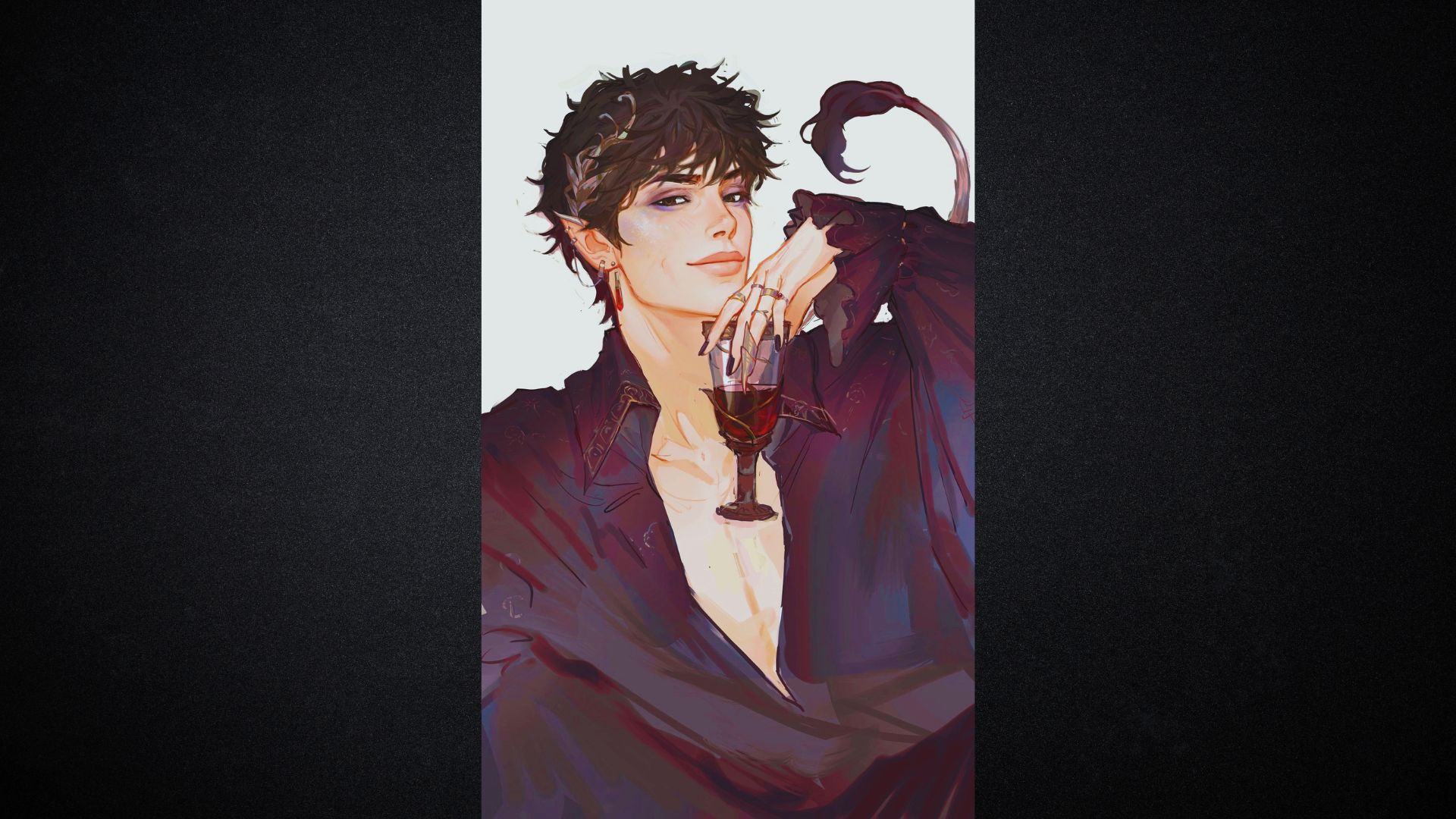 Illustration of a confident figure with tousled dark hair, wearing a deep red open shirt. They hold a wine glass and have pointed ears and a mischievous smile.