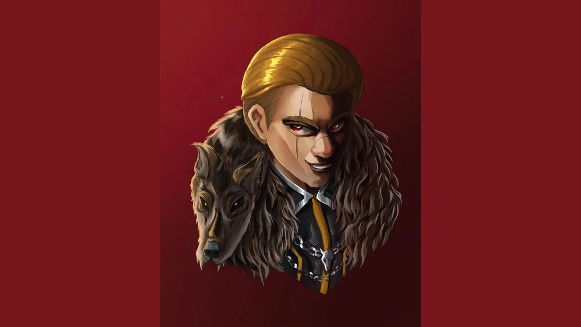 A man with blonde hair stands with a wolf perched on his shoulder, showcasing a unique bond between them.