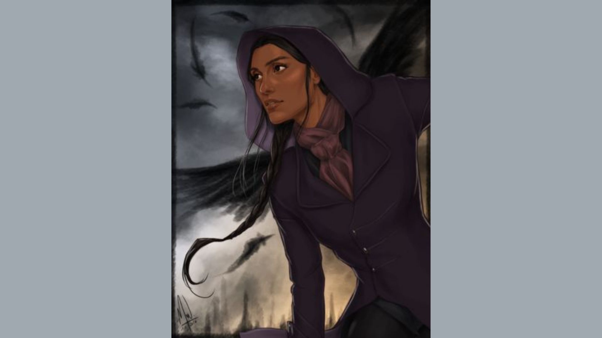 A person in a purple hooded coat with a scarf looks determinedly to the side. Dark birds fly in a stormy sky, conveying a sense of mystery and intensity.
