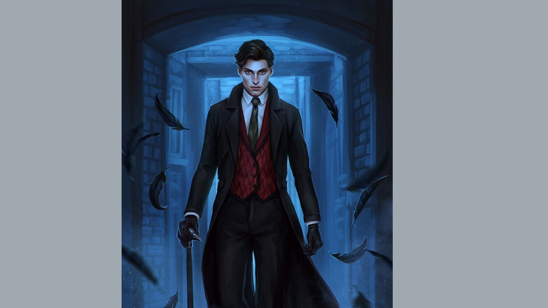 A mysterious figure in a red vest and black coat stands in a dimly lit, blue-toned corridor. Black feathers float around, creating an eerie atmosphere.