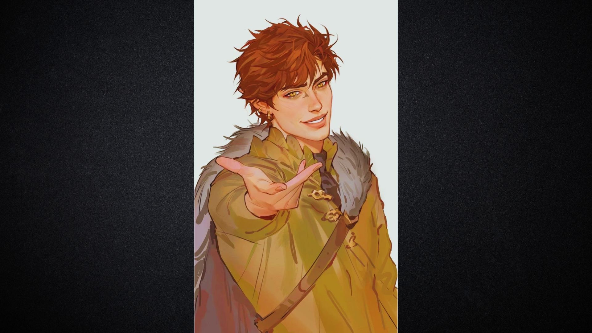A red-haired character with a friendly smile extends a hand invitingly. They wear a fur-trimmed cloak and leather strap, conveying warmth and adventure.