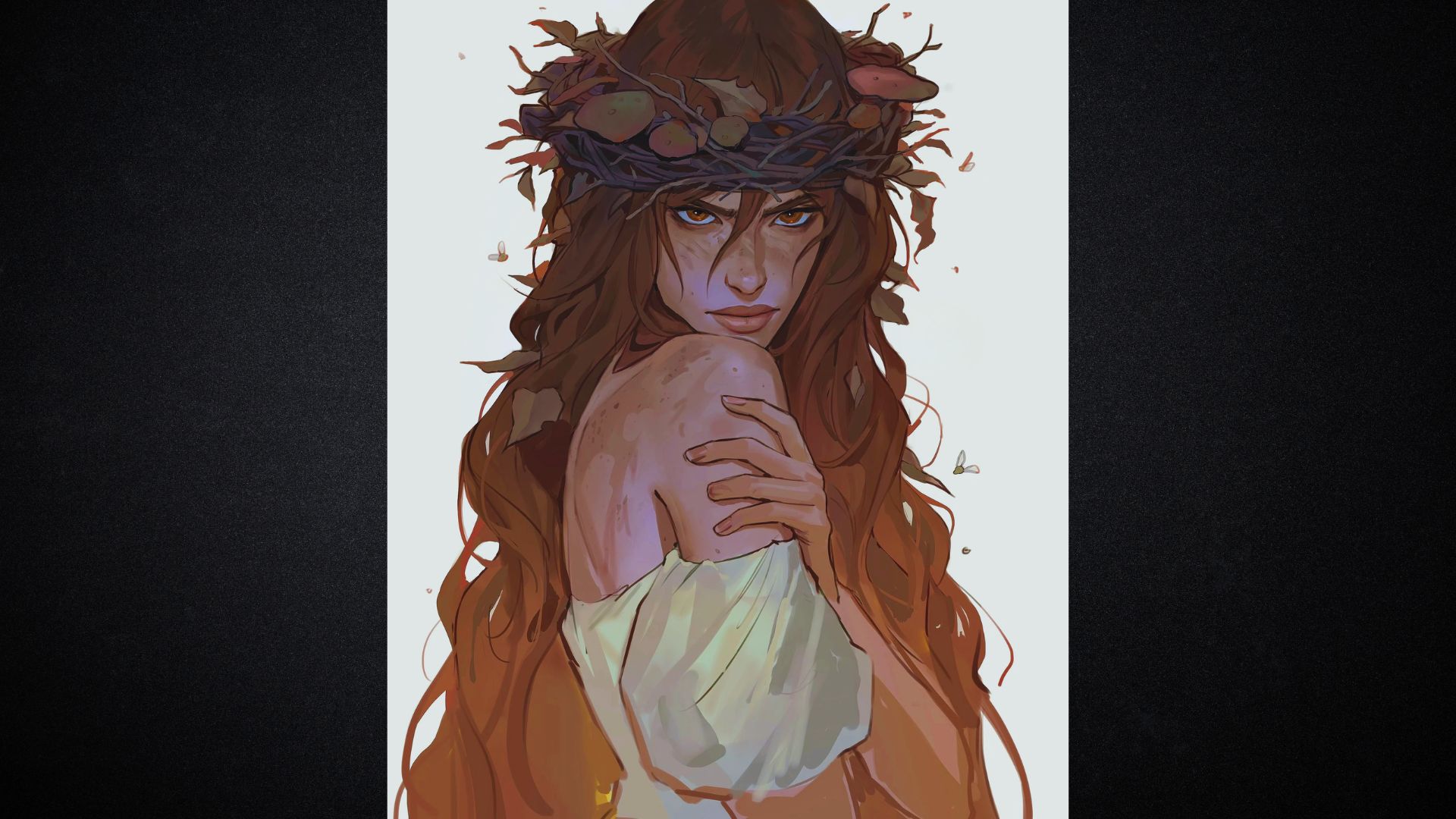 A woman with long brown hair wears a crown of twigs and mushrooms. Her intense gaze and soft expression evoke a mystical, earthy tone.