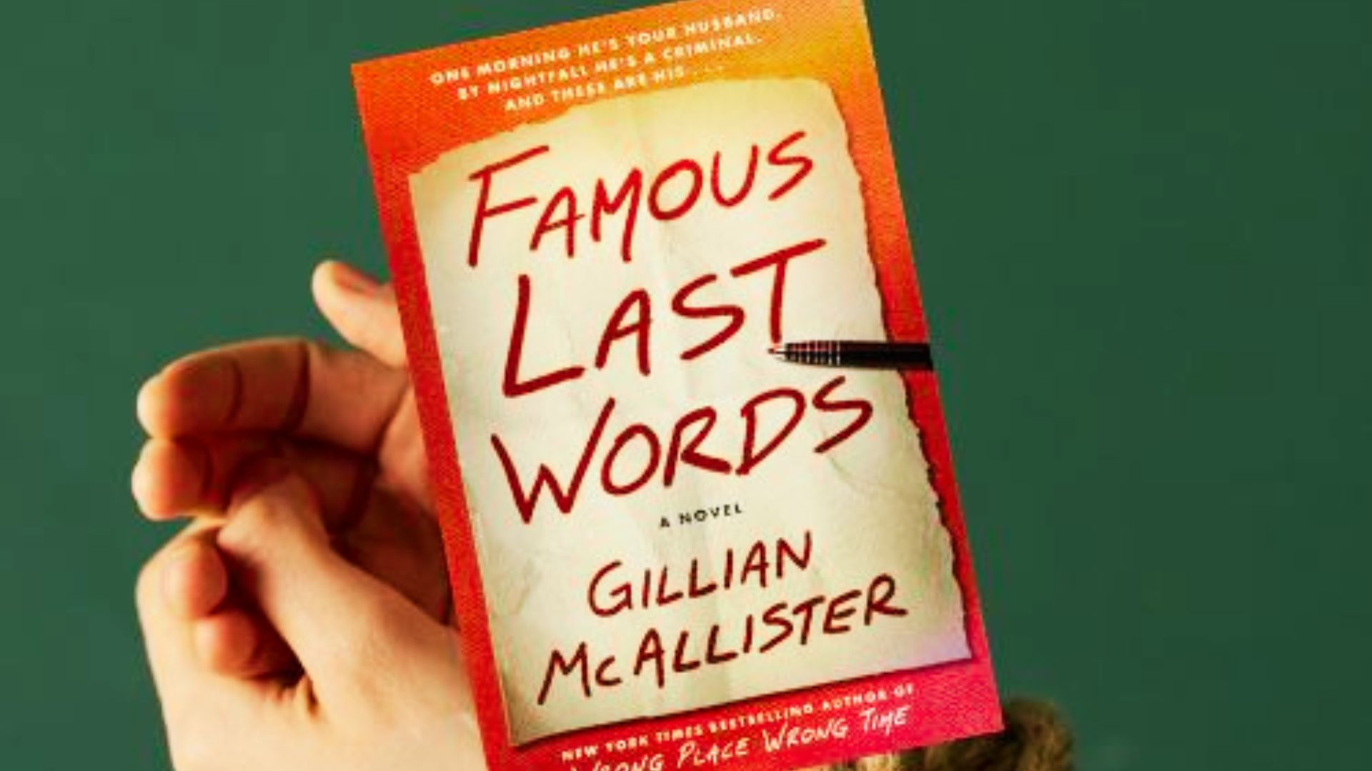 A person holds a book titled "Famous Last Words," showcasing its cover with a thoughtful expression.