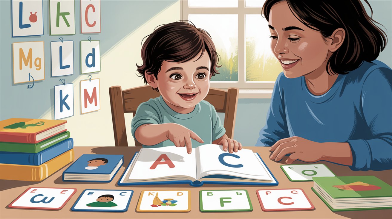 A woman and a child are sitting together, reading a colorful book filled with letters and illustrations.