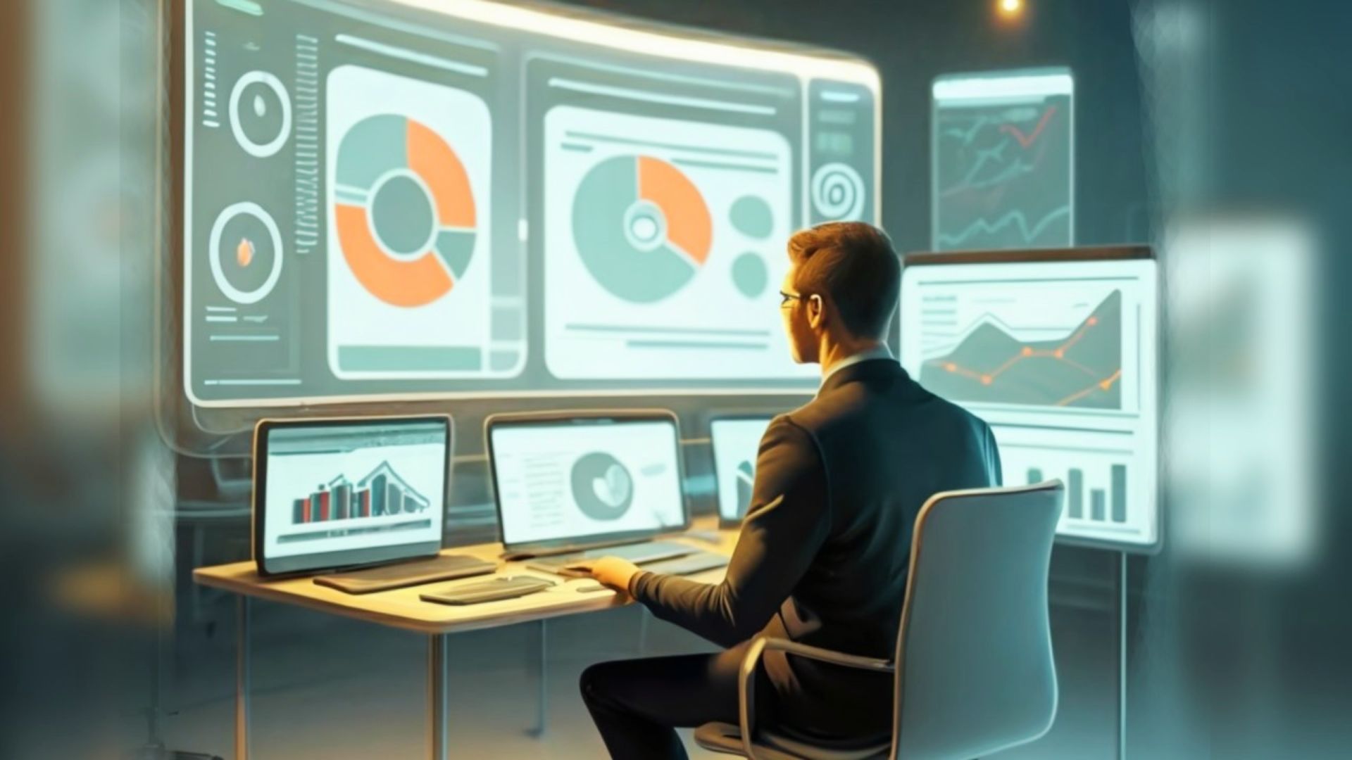 A man in a suit sits at a desk with multiple monitors, illustrating various routes into software engineering.