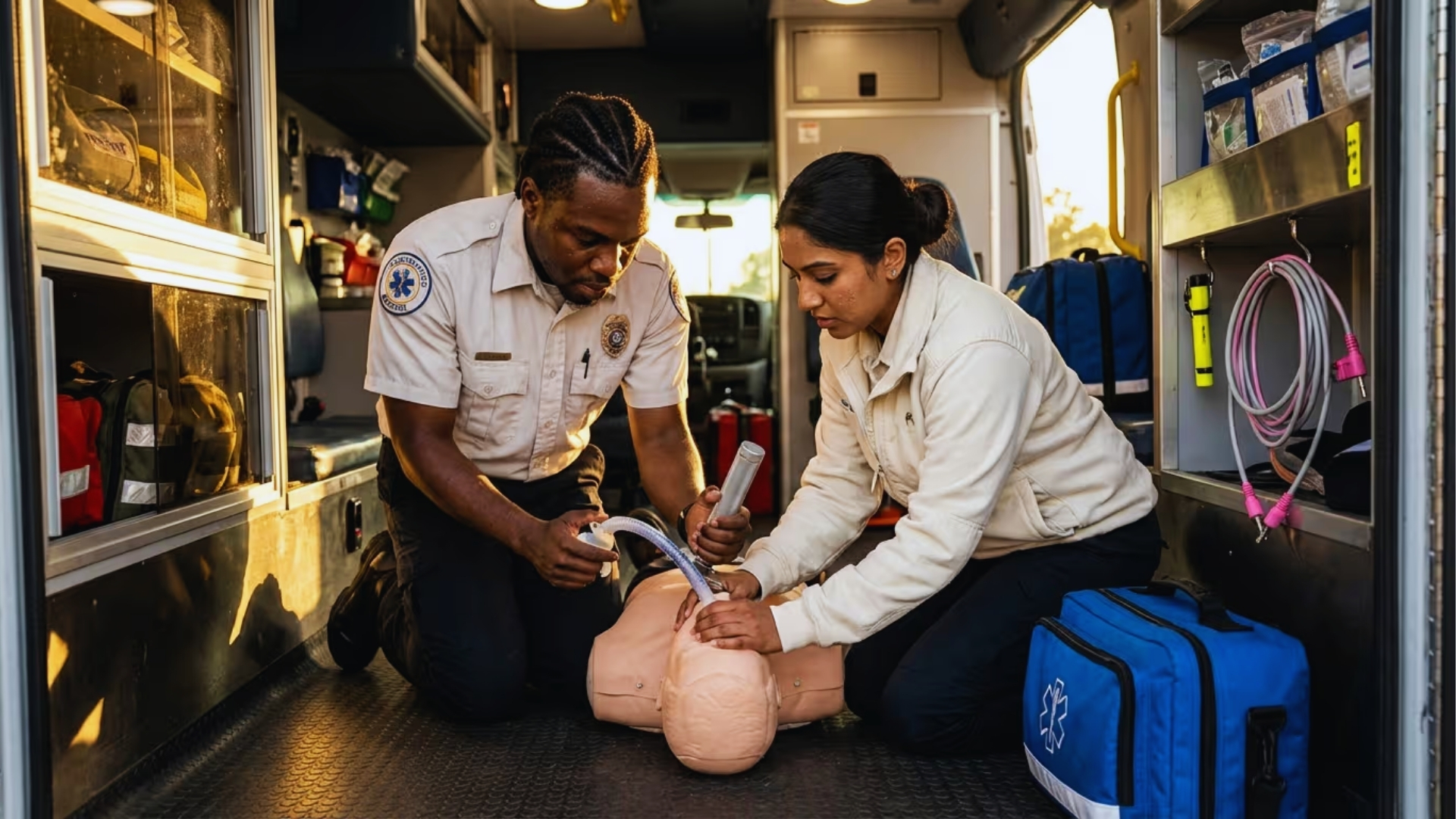 Emergency medical personnel inside an ambulance practicing intubation on training mannequin with medical equipment around.