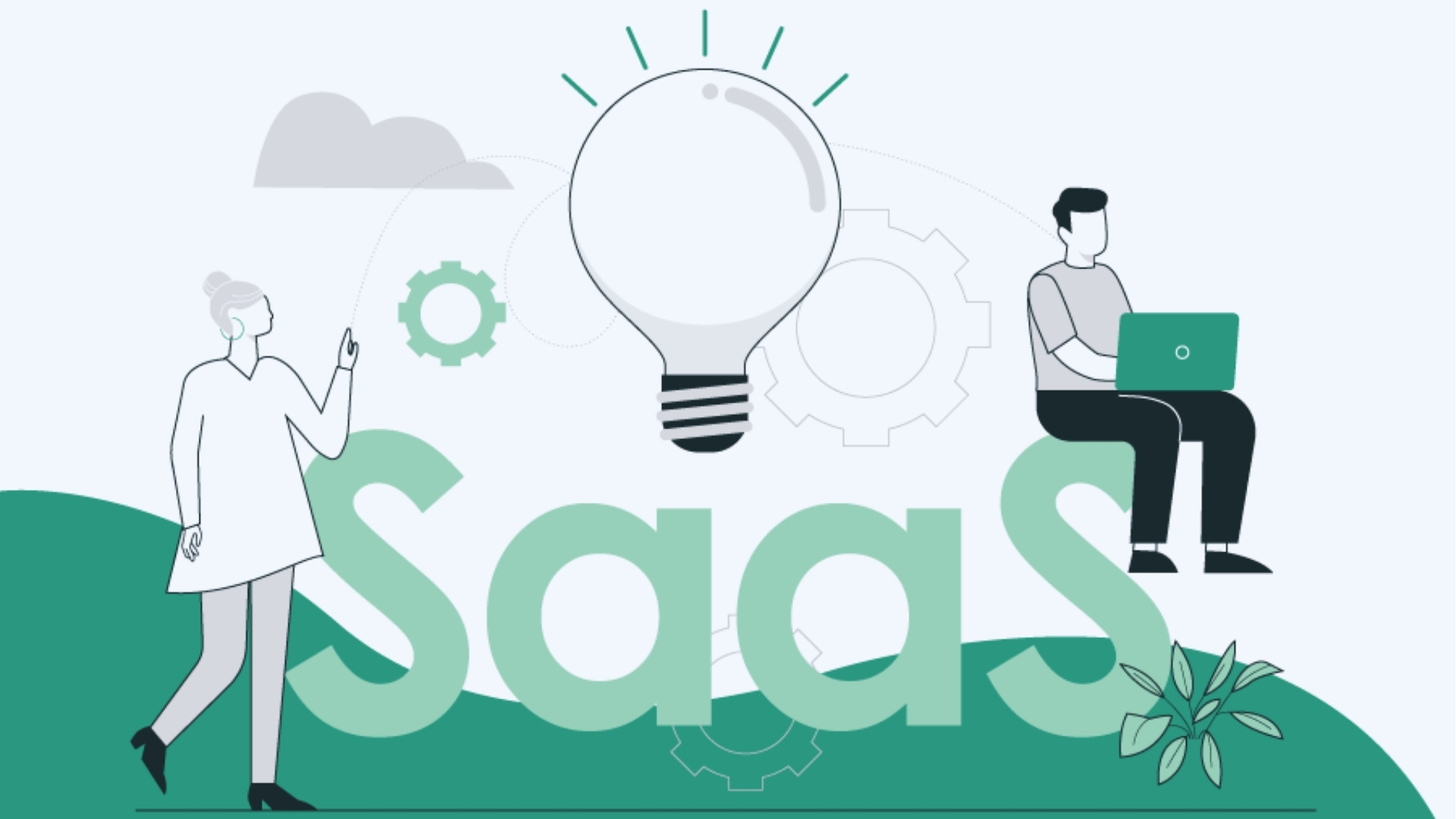 Illustration of SaaS concept with large green text, light bulb symbol, gears, cloud icons, and people using laptops.