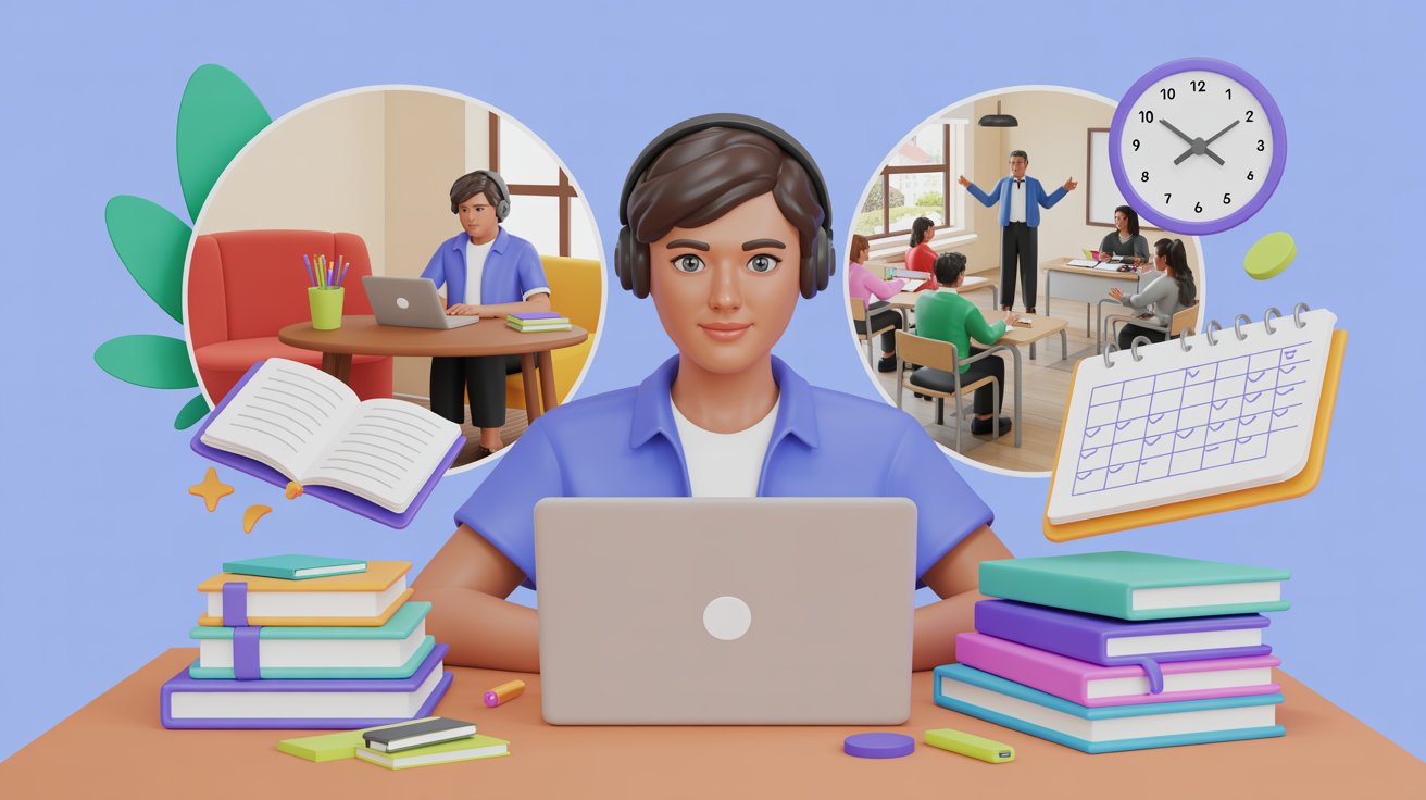 A man sits at a desk with a laptop open and several books stacked nearby.