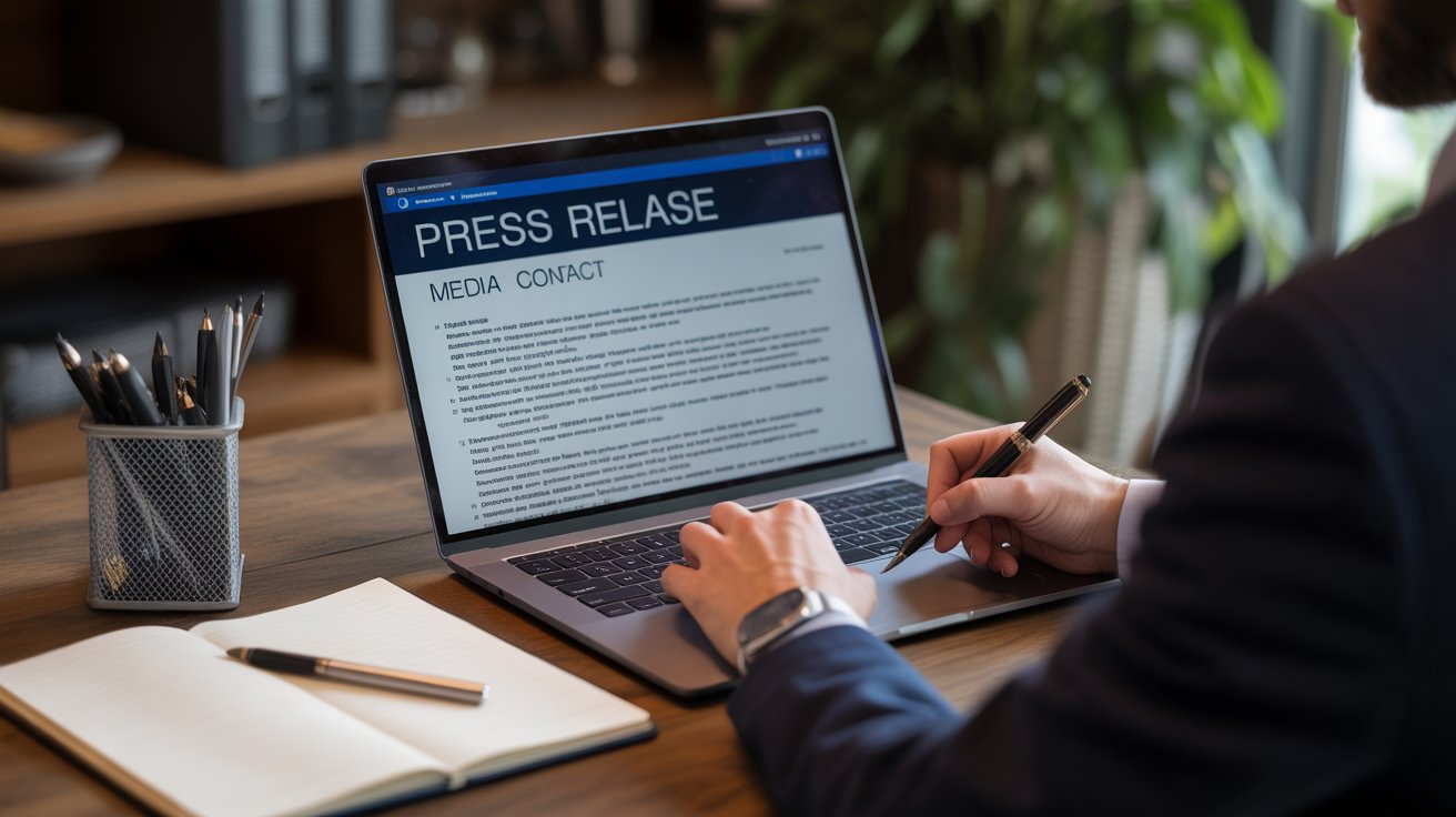 Public relations specialist writing a press release at desk