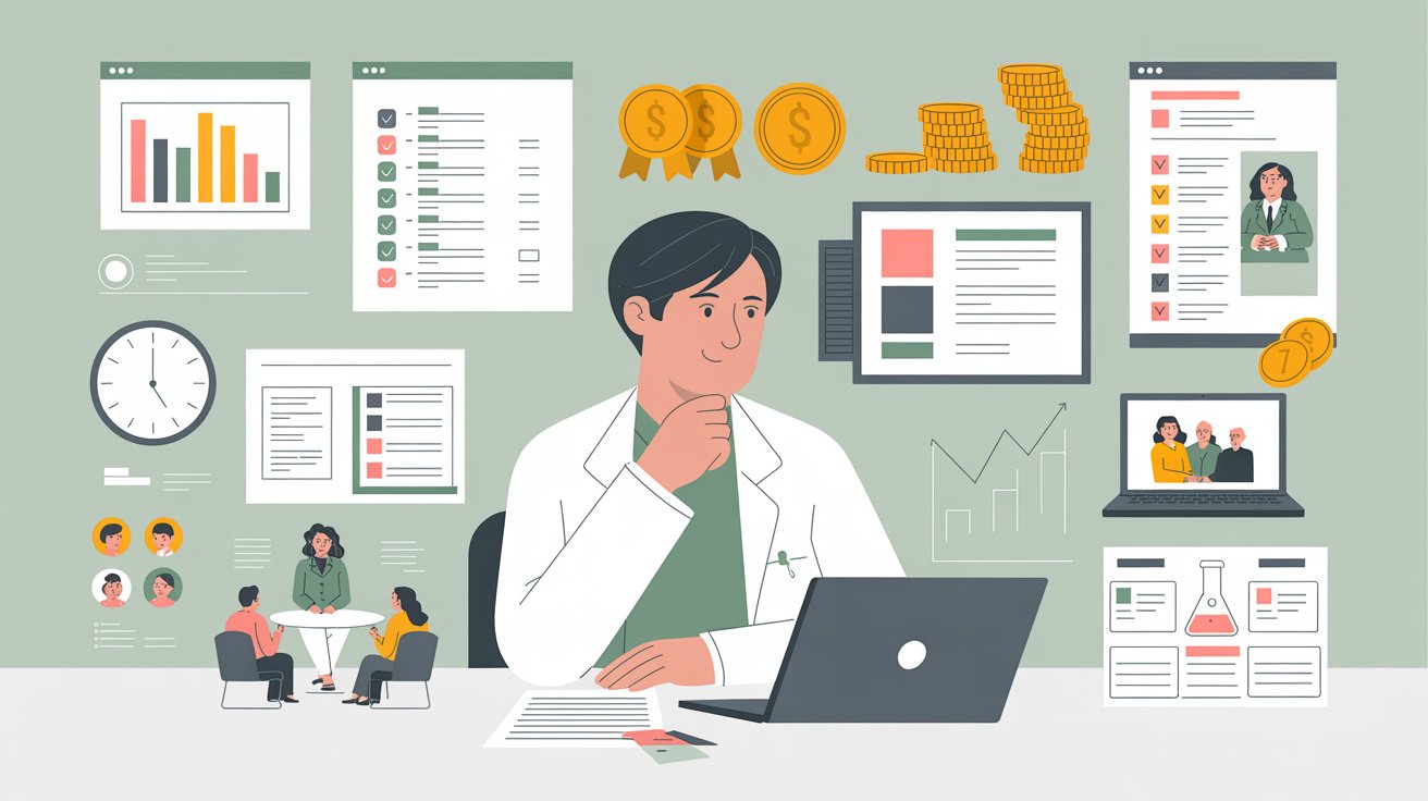 A doctor sits at his desk with a laptop and stacks of money, appearing focused on his work.